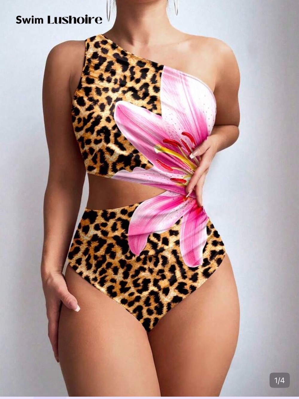 Swim Lushoire One-Shoulder Floral Leopard High-Waist Swimsuit